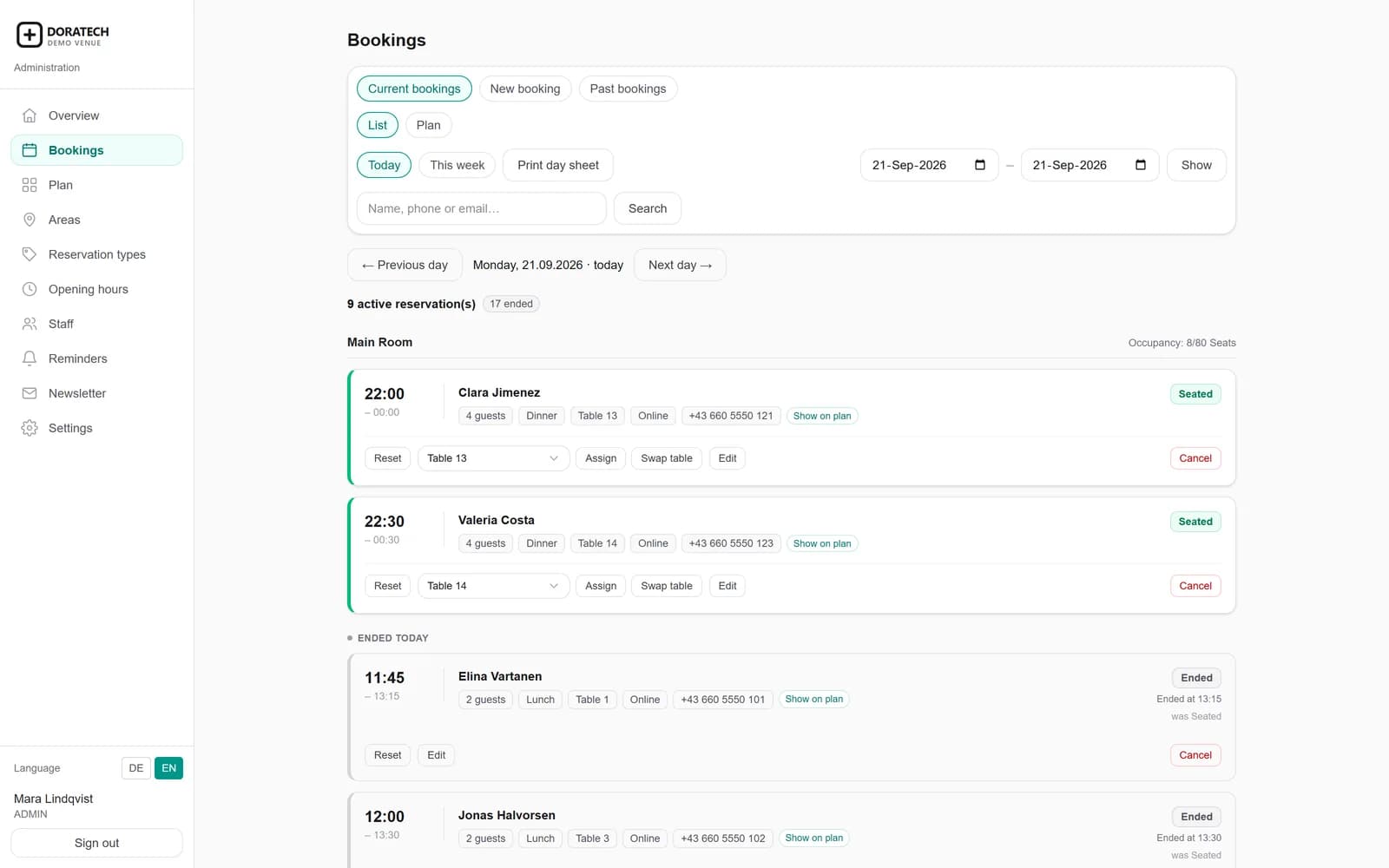 The DoraDine reservations list for one service day: each booking with its time, party size, reservation type, assigned table and status, and the controls to assign or swap a table.