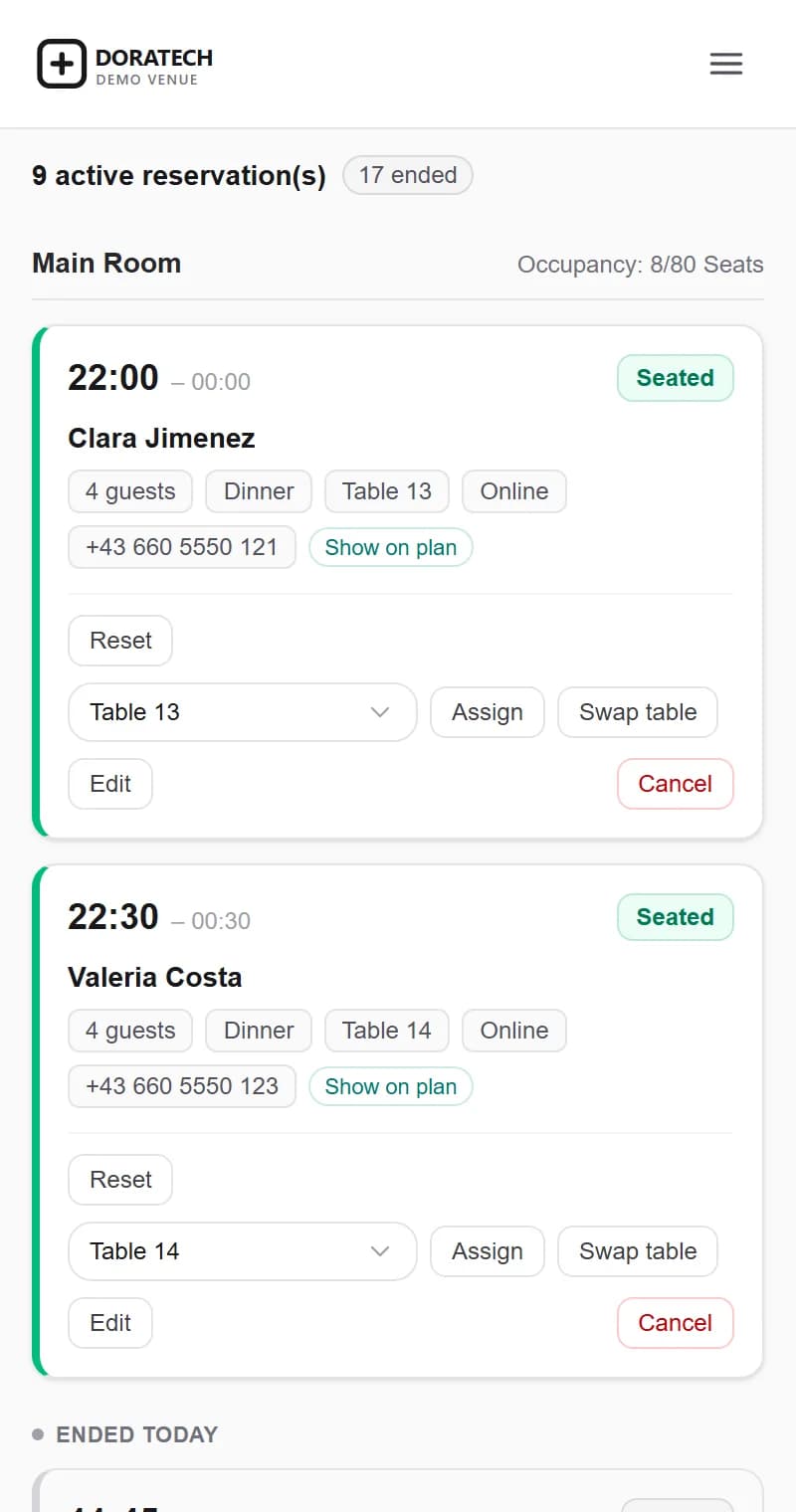 The DoraDine reservations list on a phone during service, showing each booking with its time, party size, reservation type, assigned table and status.